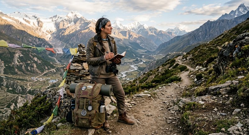 Female hiker with a backpack writes in a notebook on a rocky mountain trail.