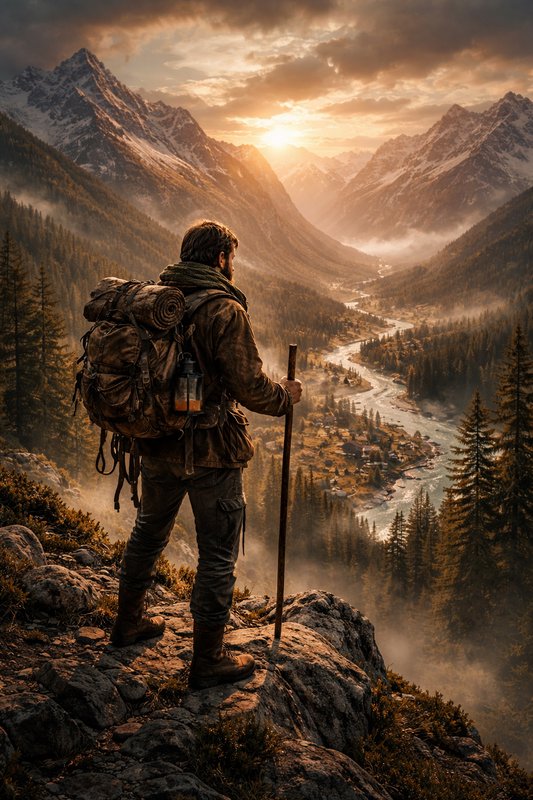 Hiker with backpack and trekking pole overlooking a mountainous valley at sunset.