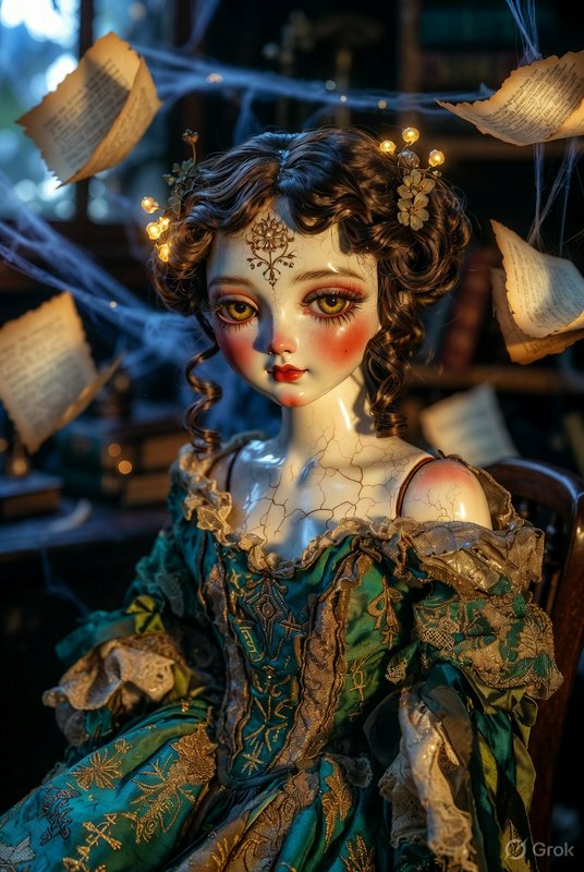 Elaborate porcelain doll with cracked skin, ornate green Victorian dress, and glowing fairy light...
