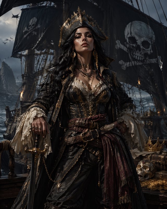 Pirate queen in ornate dark gown and crown aboard a ship with a skull flag.
