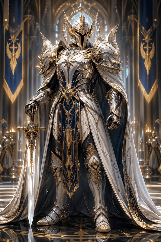 Highly detailed fantasy knight in gleaming gold-silver armor with a jeweled sword in a majestic t...