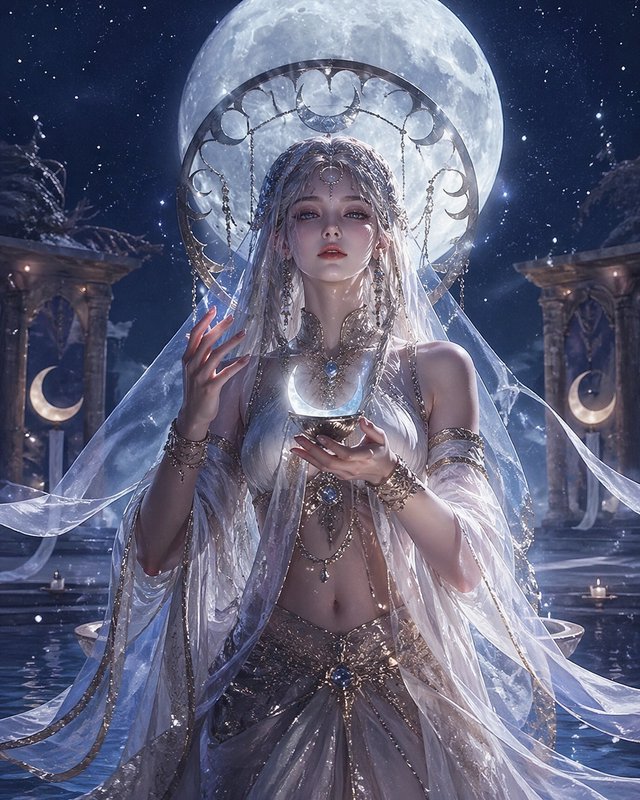 Ethereal moon goddess in a sheer white gown with halo, standing before a moonlit backdrop.