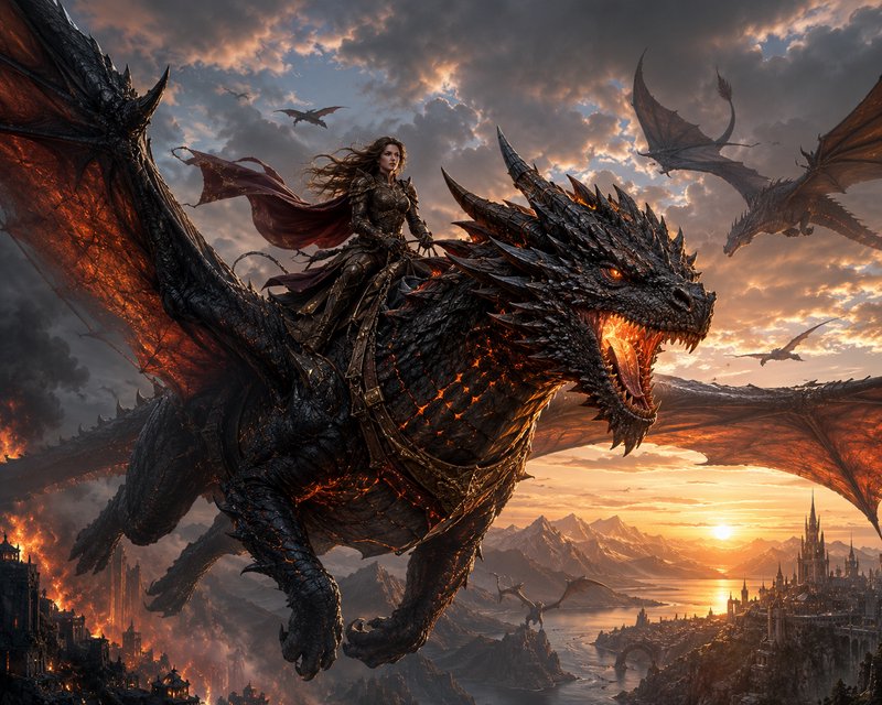 Female armored rider atop a fiery-black dragon with other dragons soaring at sunset over a mediev...