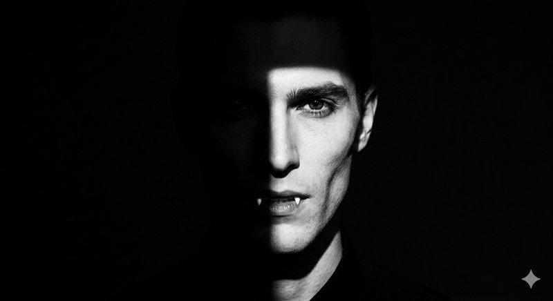 Half-lit black-and-white portrait of a man with fangs in a moody, high-contrast style.