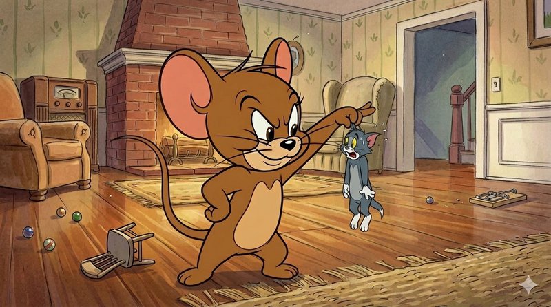 Cartoon Jerry the mouse confidently pointing at Tom the cat inside a cozy living room.