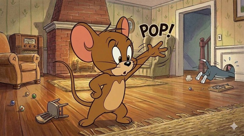 Cartoon brown mouse in a cozy living room, popping a paw while a blue dog tumbles in the background.