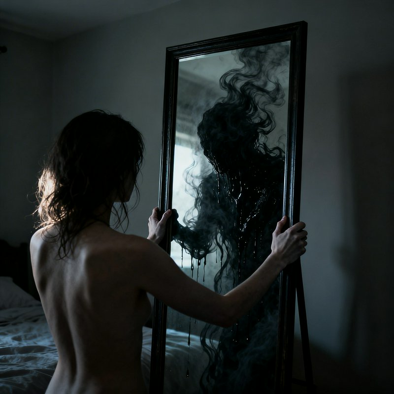 Nude figure facing a tall mirror, holding it as a smoky, ghostly reflection appears.