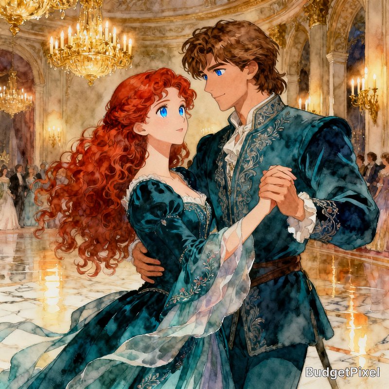 Romantic anime-style couple dancing in a gilded ballroom with chandeliers.