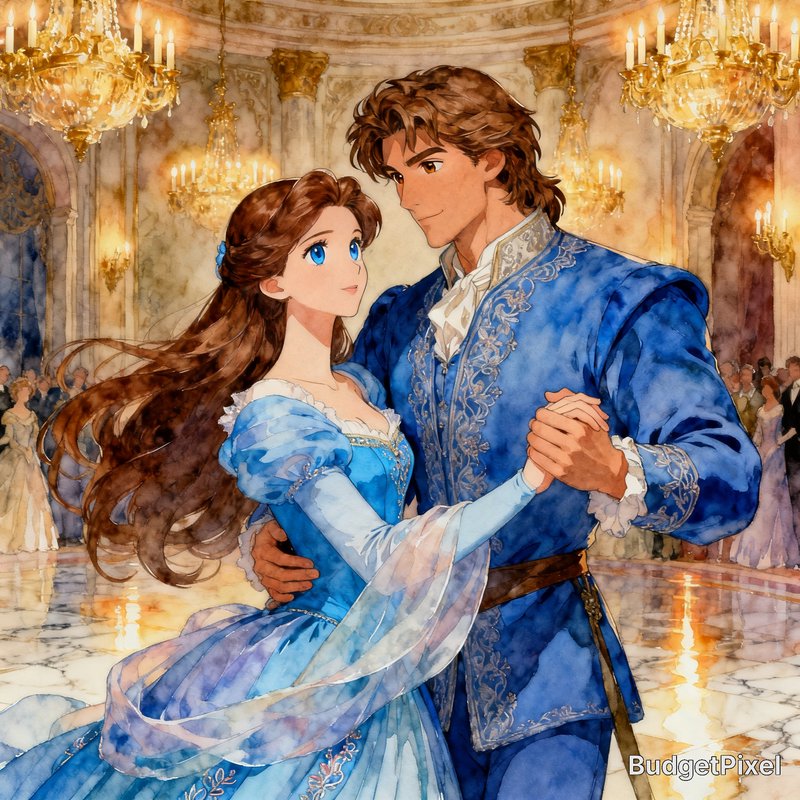 Anime-style couple in royal blue ballroom attire dancing in a grand chandelier-lit palace.