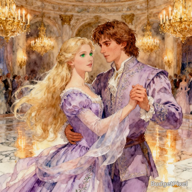Elegant couple dancing in a gilded ballroom; woman in a lavender gown with flowing blonde hair.