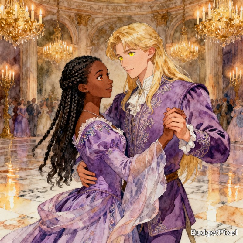 Elegant couple in purple period costumes dancing in a grand chandelier-lit ballroom.