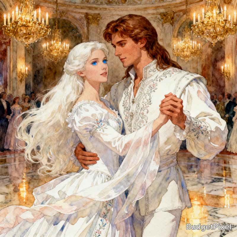 Elegant couple dancing in a grand chandelier-lit ballroom, dressed in white fantasy-era attire.