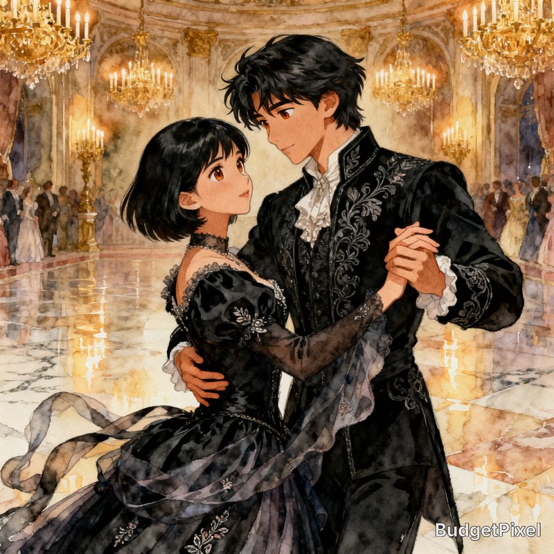 Anime-style couple dancing in a grand chandelier-lit ballroom in ornate black Victorian outfits.