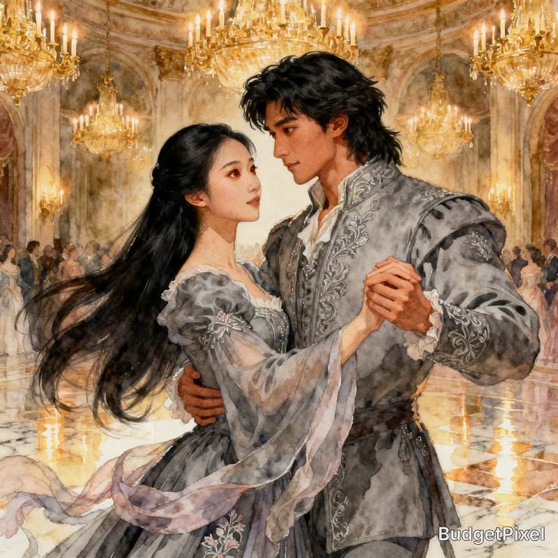Romantic couple dancing in a grand, chandelier-lit ballroom in ornate gray outfits.