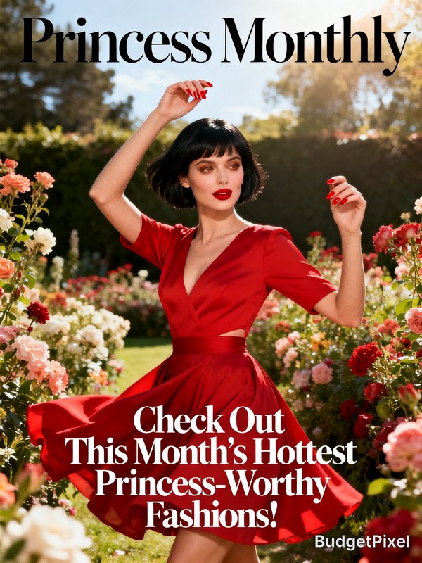Woman in a red dress twirls in a rose garden on a Princess Monthly magazine cover.