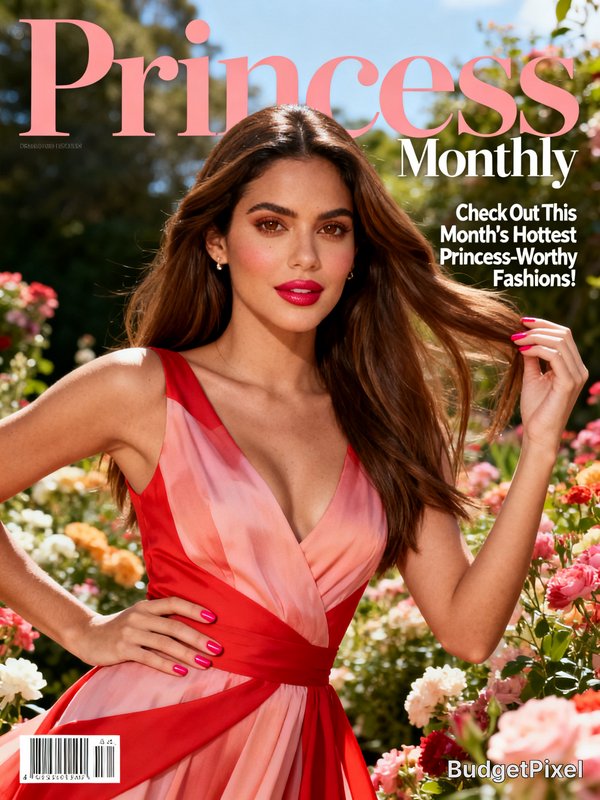 Woman in a pink-to-red gradient evening gown posing among garden flowers on a magazine cover.