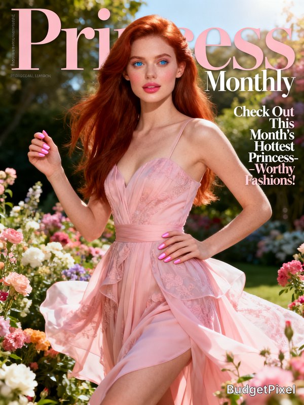 A red-haired model in a flowing pink gown poses in a blooming garden on a Princess Monthly magazi...
