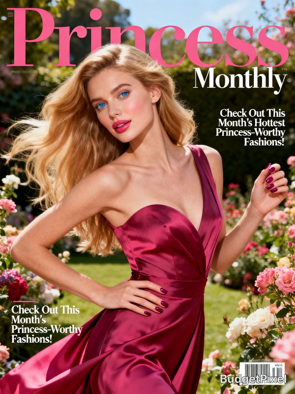 A model in a satin magenta gown posing outdoors on a Princess Monthly magazine cover.