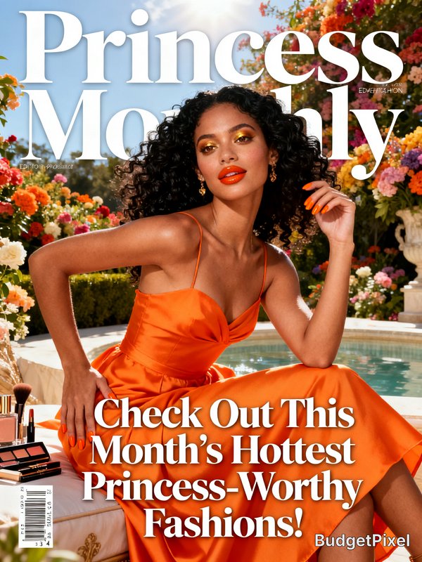 A glamorous woman in an orange satin dress poses poolside on a colorful flower-filled magazine co...