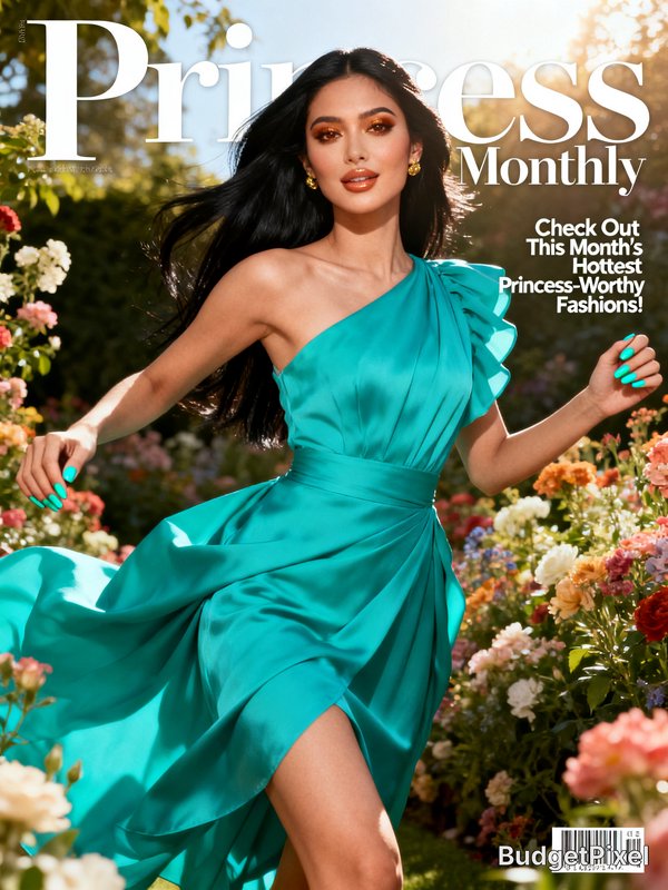 Woman in a turquoise one-shoulder satin dress running through a sunlit flower garden.