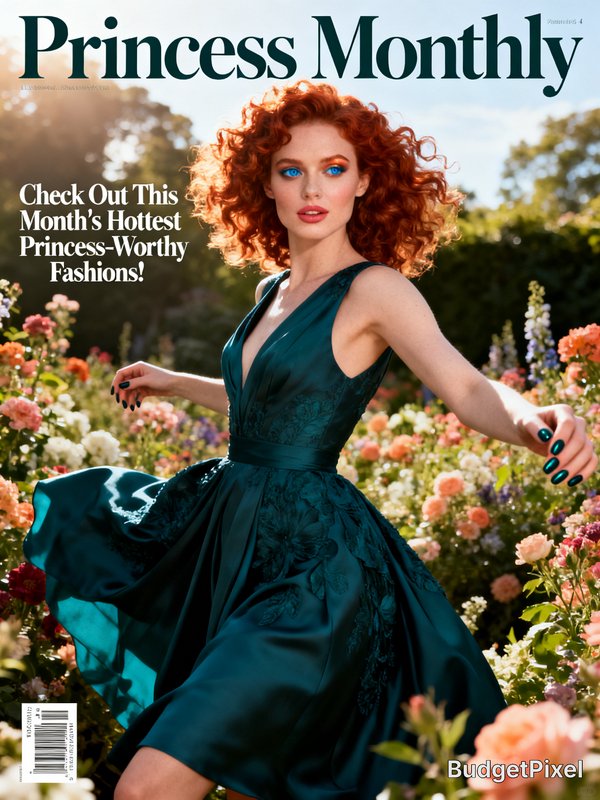 Red-haired woman in a teal gown posing in a sunny flower garden on a magazine cover