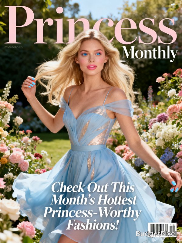 Princess Monthly cover featuring a blonde woman in a flowing blue gown among blooming flowers out...