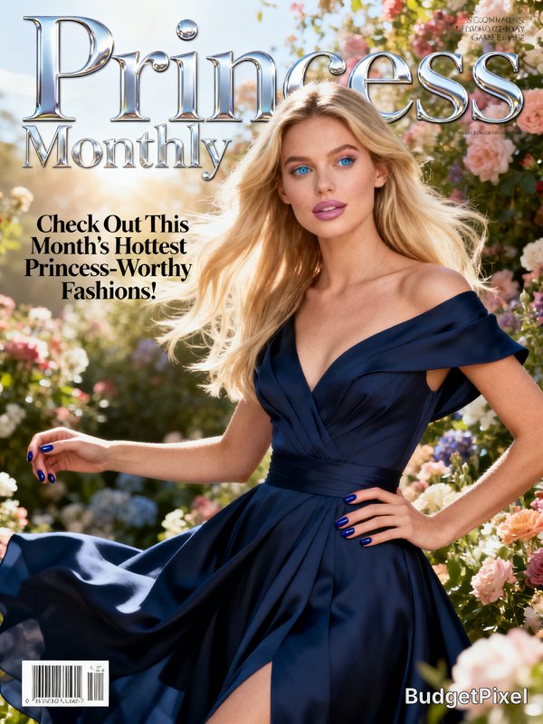 Glamorous woman in a deep blue off-shoulder gown posing in a blooming garden on a glossy magazine...