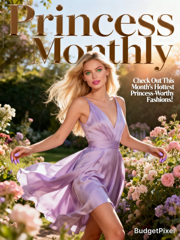 Woman in a lavender flowing dress twirls in a garden filled with pink roses on a glossy magazine ...