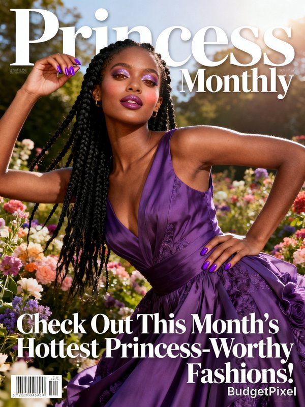 Woman in a purple gown posing in a flower garden on a magazine cover.