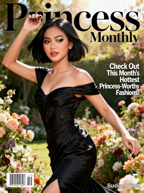 Woman in a black off-shoulder satin dress posing among garden flowers on a magazine cover.