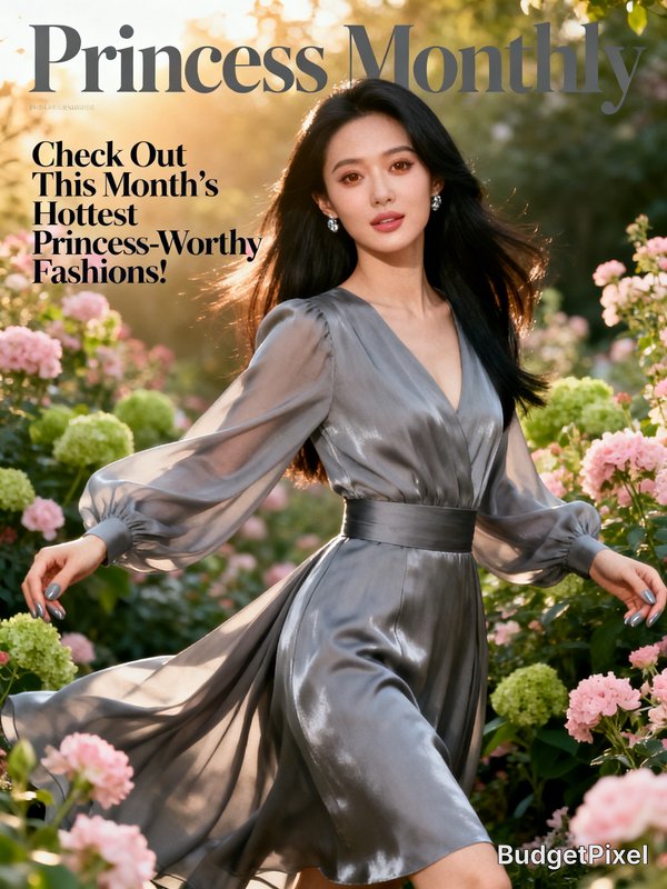 Elegant woman in a metallic gray wrap dress posing among pink flowers on a magazine cover.