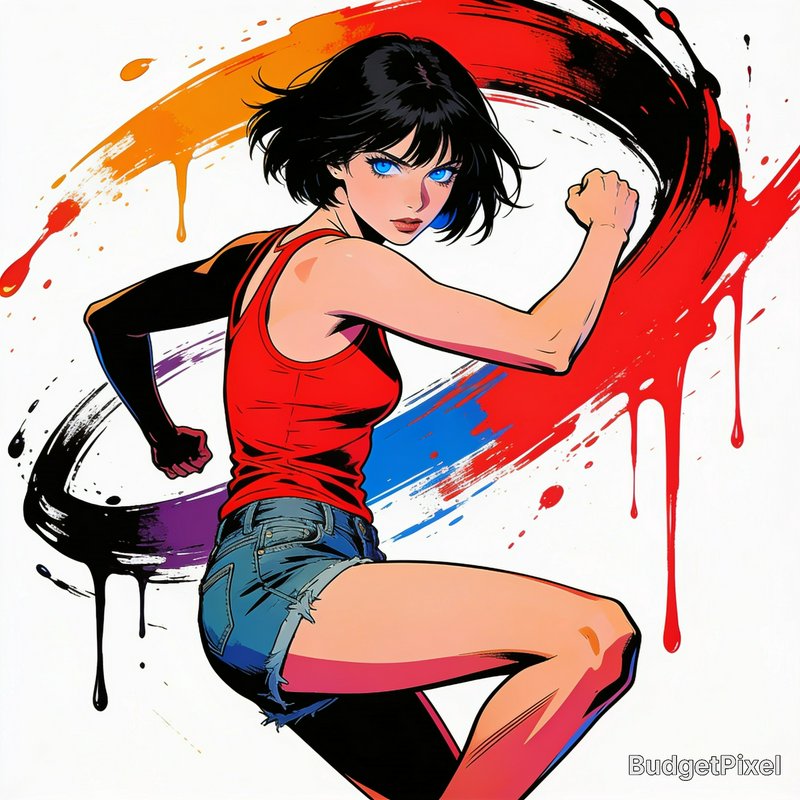 Comic anime style woman with black hair, blue eyes in a fighting stance, set against a bold, colo...
