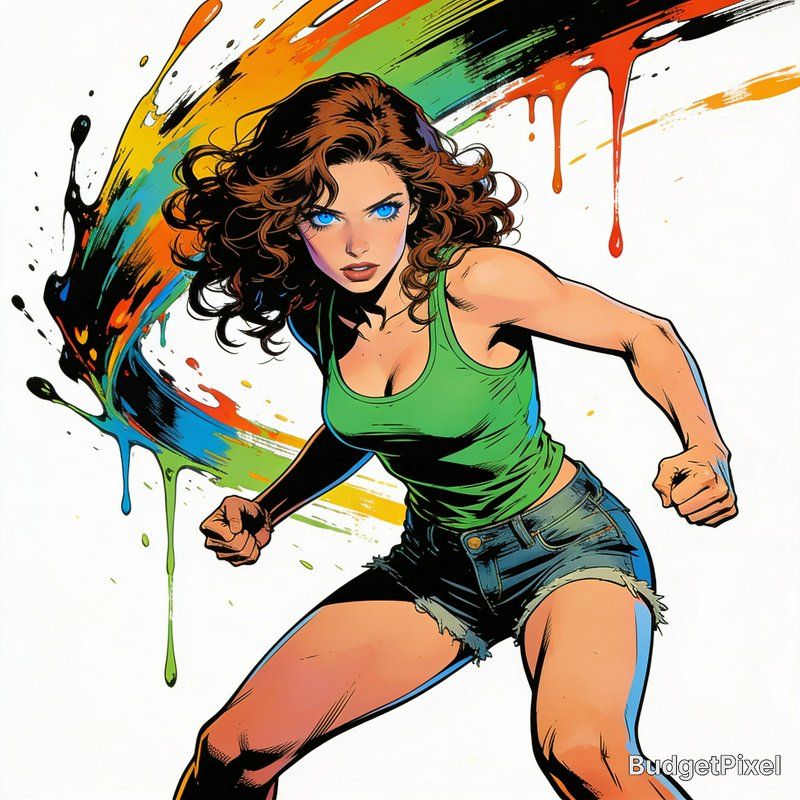 Comic book style action woman in a fighting stance, green tank top and denim shorts, with drippin...