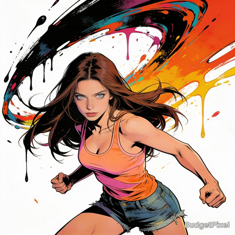 Comic book style illustration of a young woman in a fighting stance, with vibrant dripping multic...