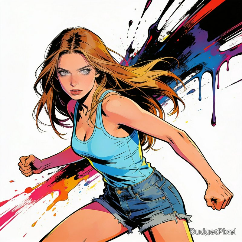 Comic book style illustration of a determined young woman mid-run, with vibrant dripping paint sp...