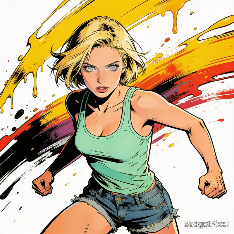 Comic-style blonde woman in a powerful fighting stance, with bold dripping paint splashes against...