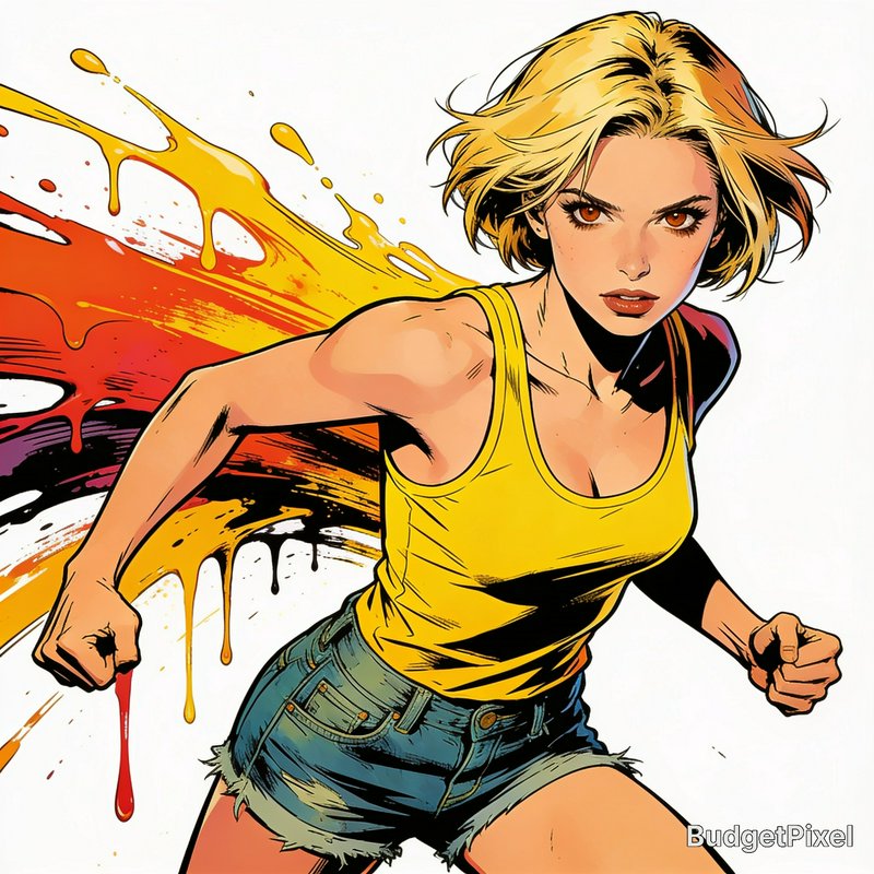 Comic-style blonde woman in a dynamic fighting stance, with vibrant dripping red and yellow paint...