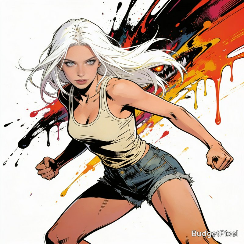 Comic style action-ready woman with long white hair in a fighting stance, with a shadow monster b...