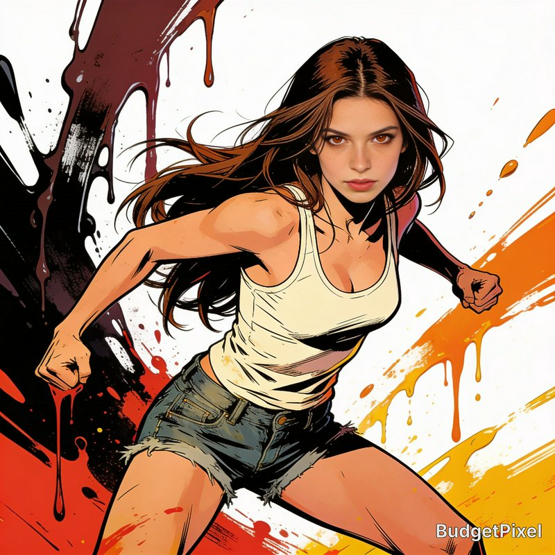 "Comic book style illustration of a fierce young woman in a fighting stance, set against bold, dr...