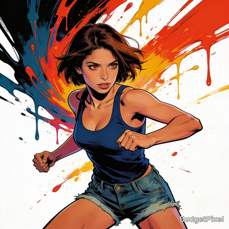 Comic book style illustration of a determined young woman in a fighting stance, set against dynam...