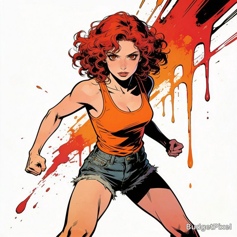 Comic book style female fighter with curly red hair in a fighting stance, with dripping red-orang...