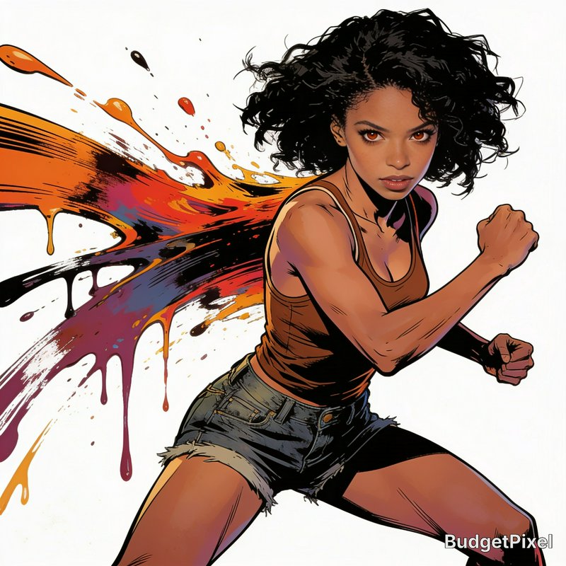 Comic-style illustration of a Black woman in a fighting stance, with dynamic multicolor paint spl...
