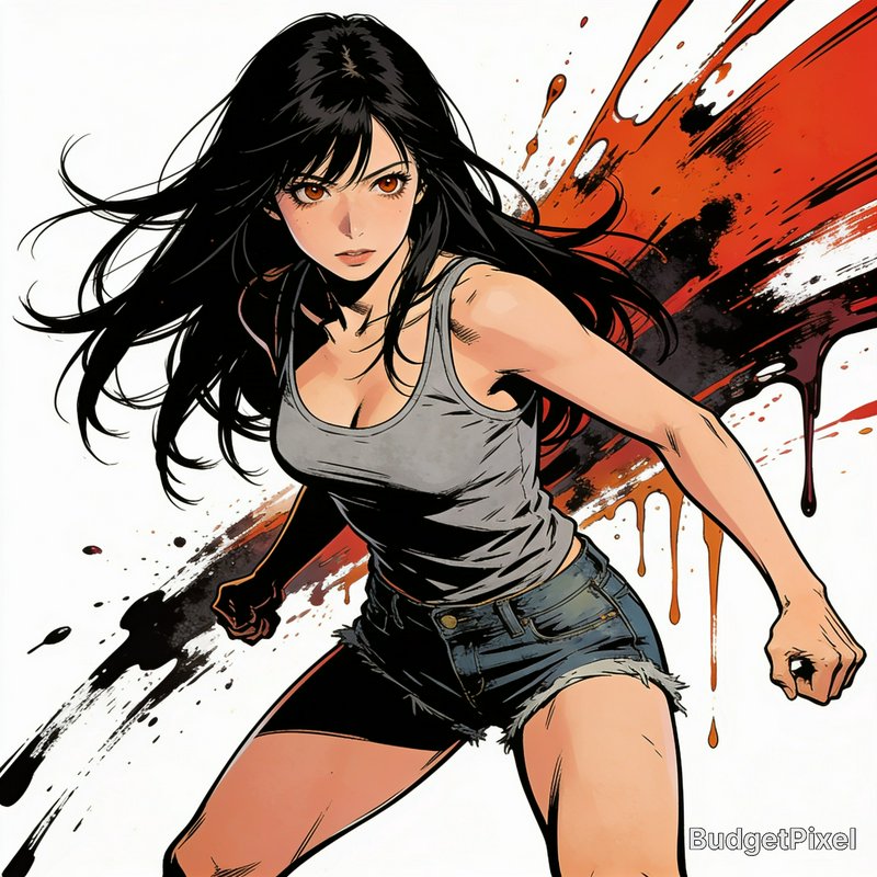 Manga-style female action fighter in a combat stance, with long black hair, against a dynamic dri...