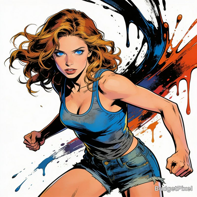 Comic style illustration of a fierce red-haired woman in a running fighting stance, with dynamic ...