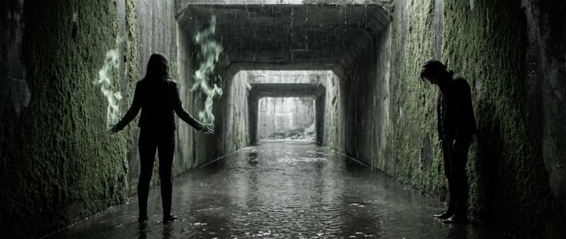 Two silhouetted figures stand in a mossy, rain-soaked tunnel with dim light and reflections.