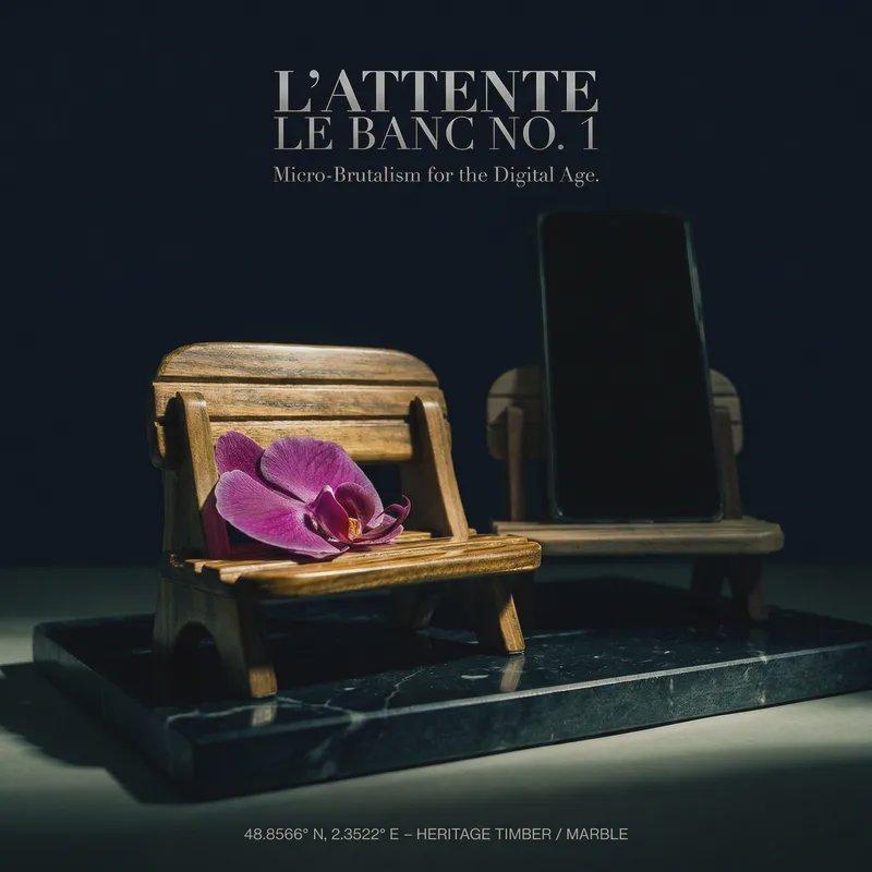 Wooden miniature bench with purple orchid on a marble base, smartphone stand in the background, d...