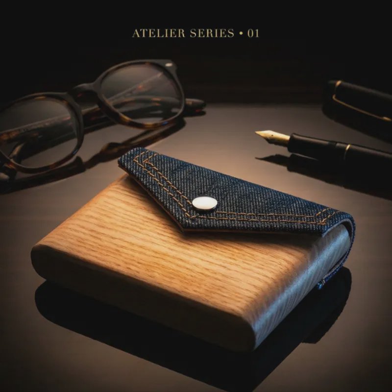 Wooden notebook with a denim cover and button closure, beside glasses and a fountain pen.