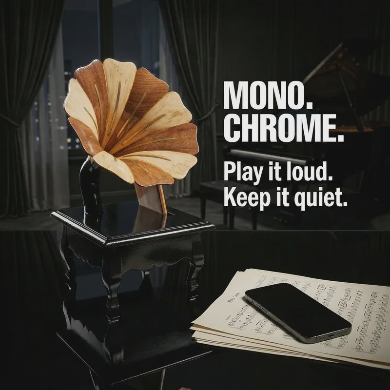 Vintage gramophone with a wooden horn on a glossy piano, beside sheet music and a smartphone.