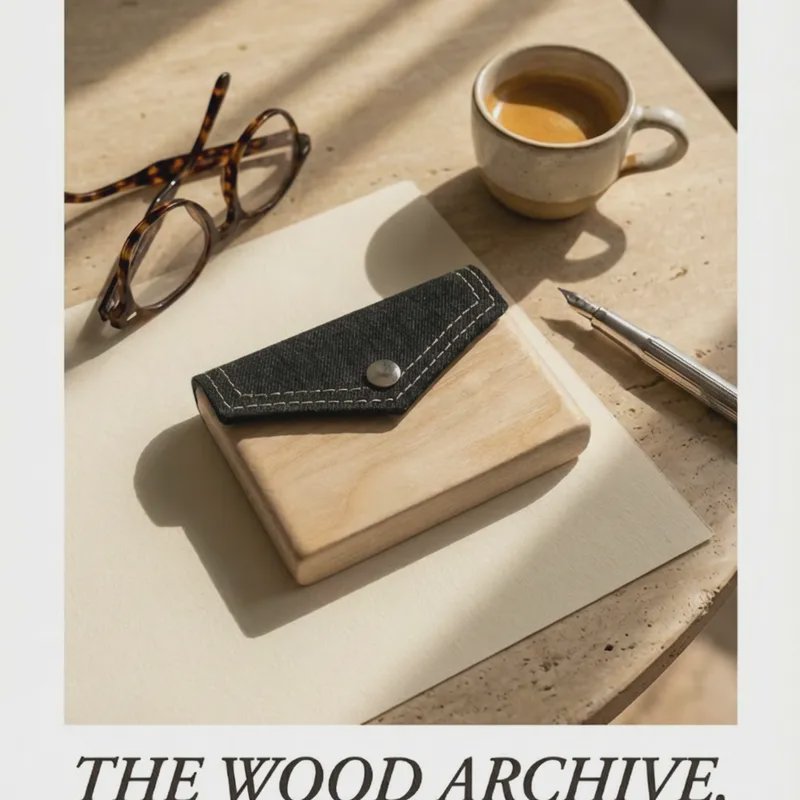 Wooden block desk accessory with a black leather envelope top, beside glasses and a coffee cup.