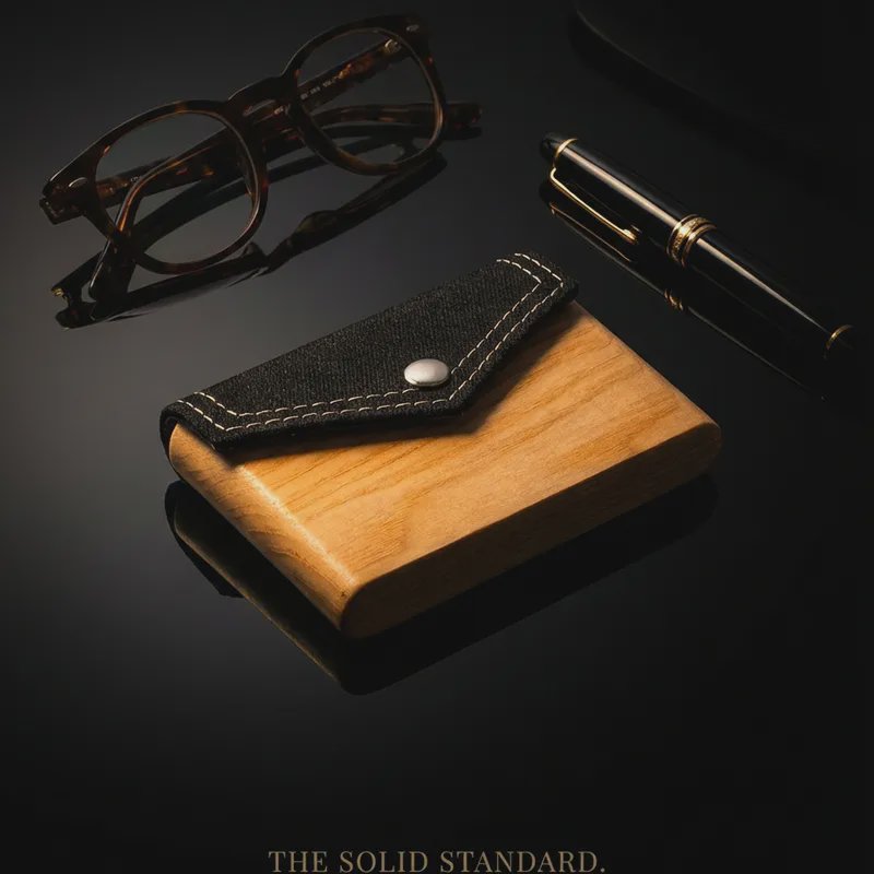 Wooden wallet with black leather flap on a dark surface, paired with tortoiseshell glasses and a ...